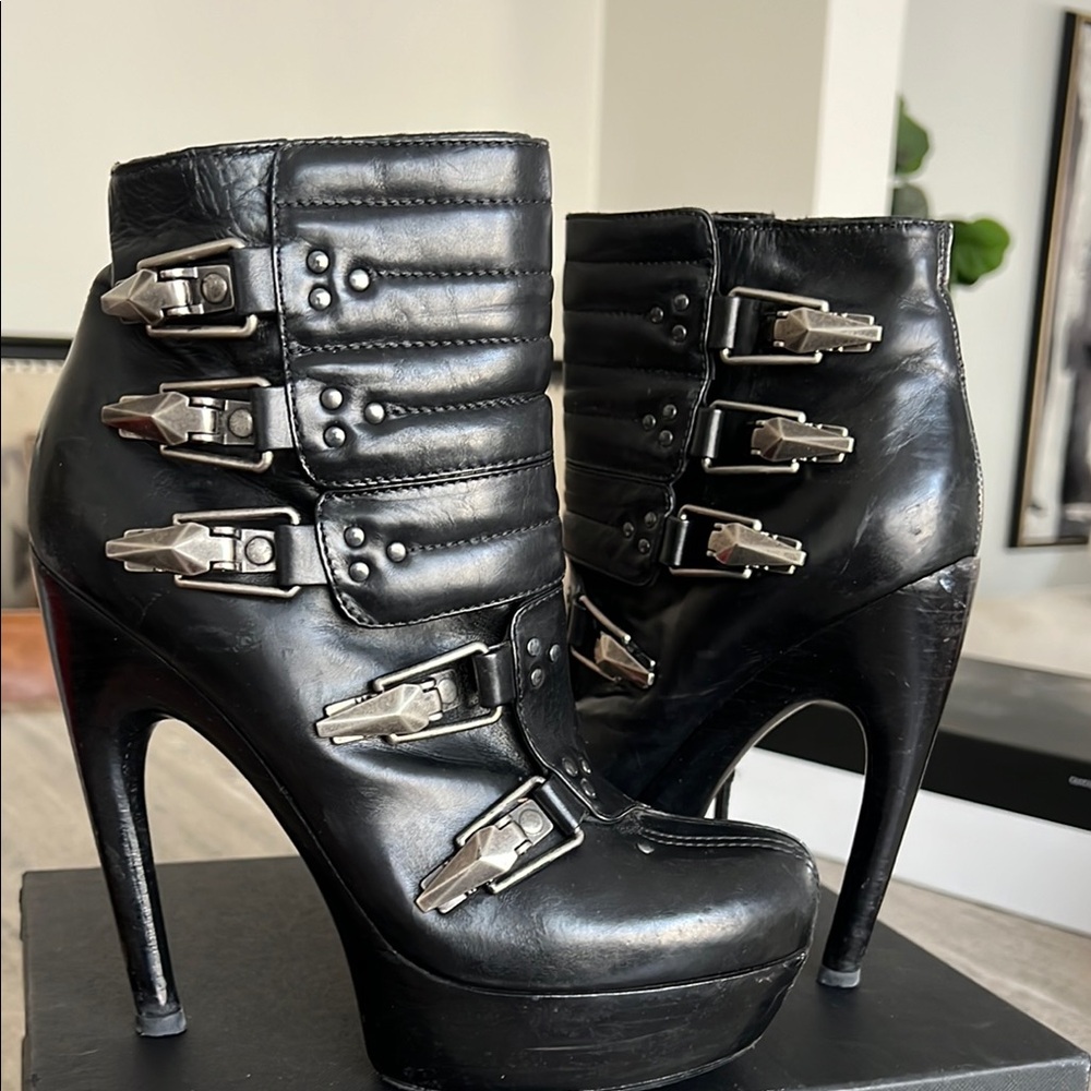 Alexander McQueen Black Leather Ankle Boots with Ski Punk Buckle Detail